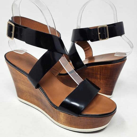 Givenchy Platform Wood Wedge Sandals Women 38/8 Black Strappy Leather Buckle - Picture 2 of 9